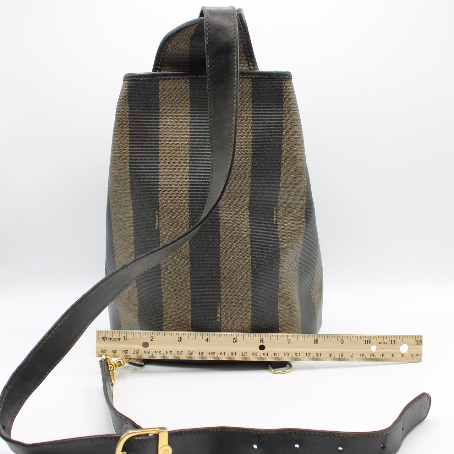 Fendi Pequin Brown Black Striped Canvas Leather Sling Backpack #2