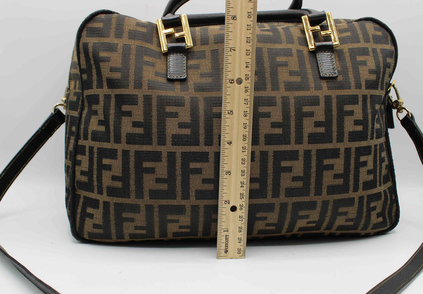 Fendi Zucca Brown Black Canvas Leather Boston Crossbody Bag