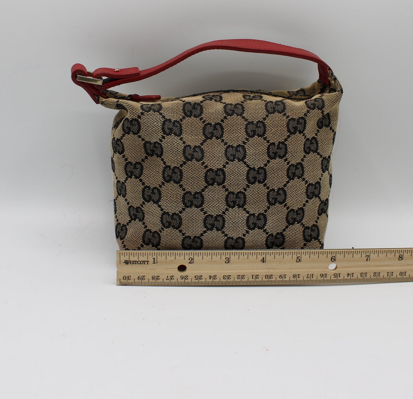 Gucci Beige GG Canvas Red Leather Single Handle Pouch Bag