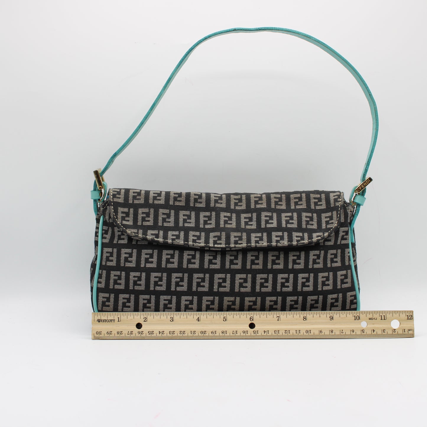 Fendi Black Blue Zucchino Canvas Flap Shoulder Bag