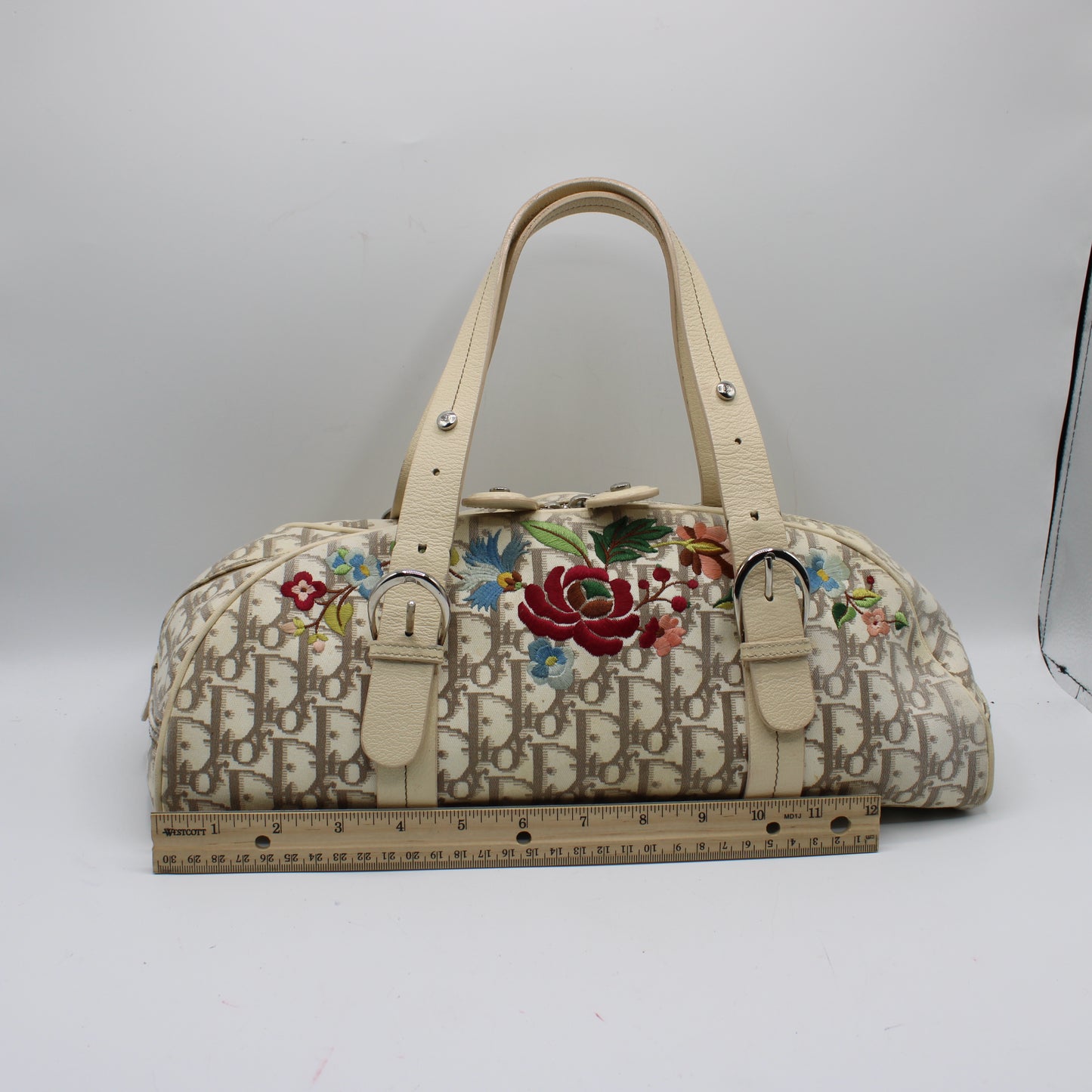 Christian Dior Beige Trotter Embroidered Canvas Bowler Bag