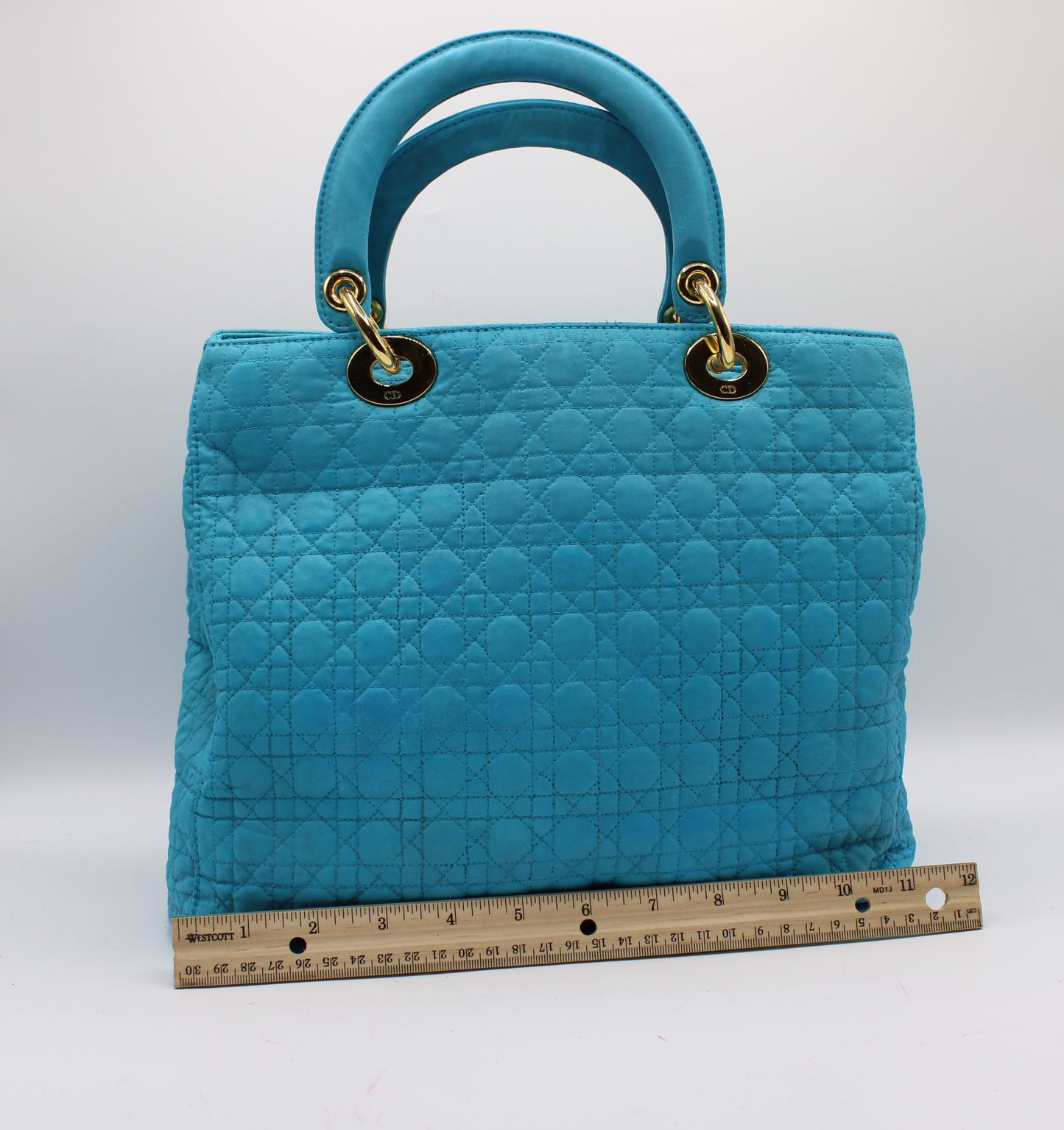 Christian Dior Turquoise Cannage Quilted Cloth Lady Dior Hand Bag