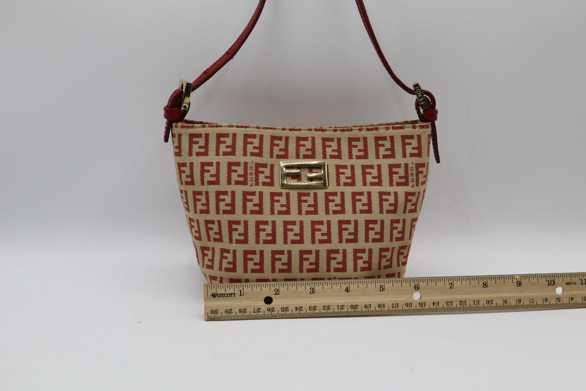 Fendi Tan Red Zucca Canvas Leather Shoulder Bag