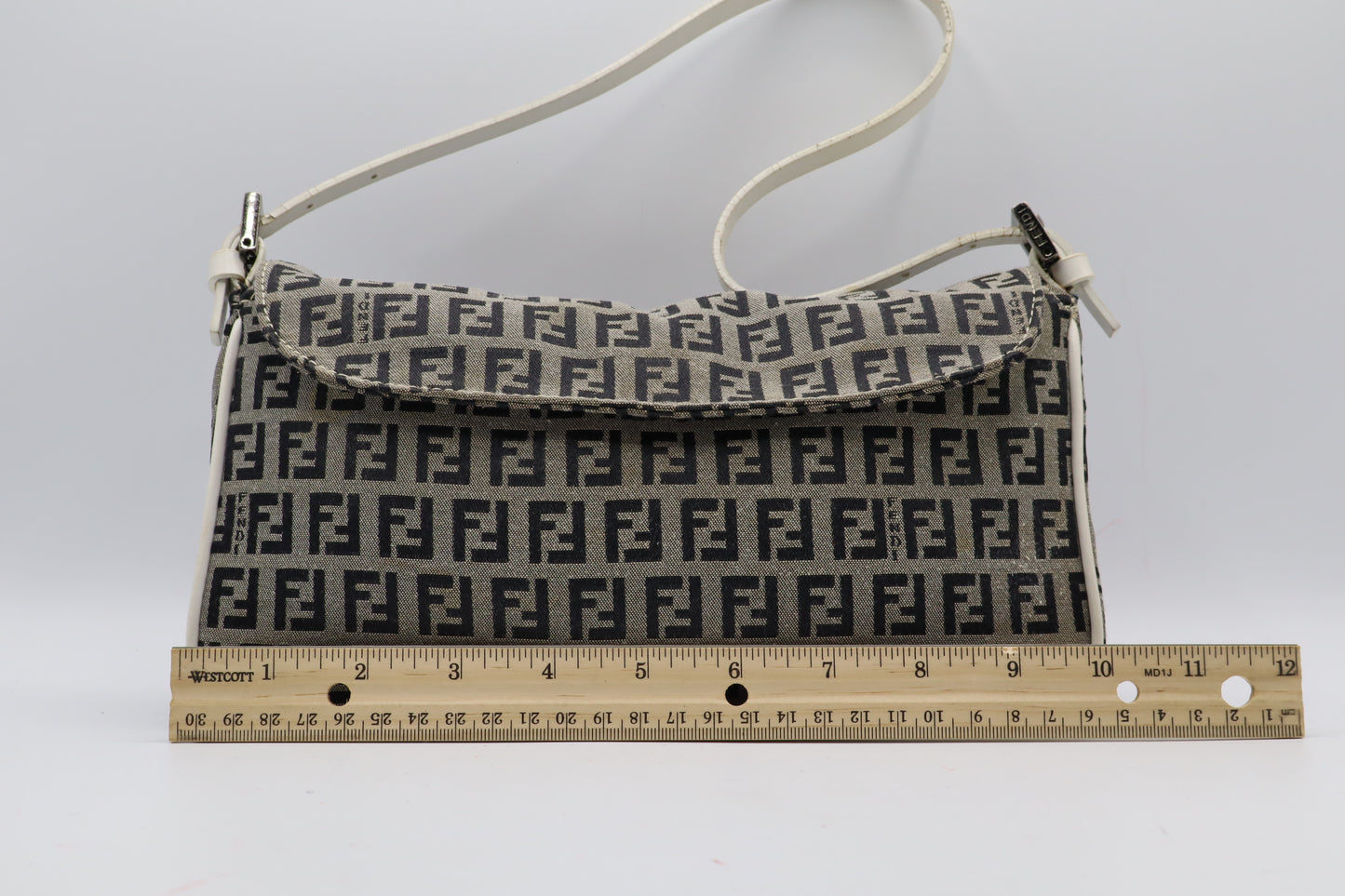 Fendi Grey Black Zucca Zucchino Canvas Flap Shoulder Bag