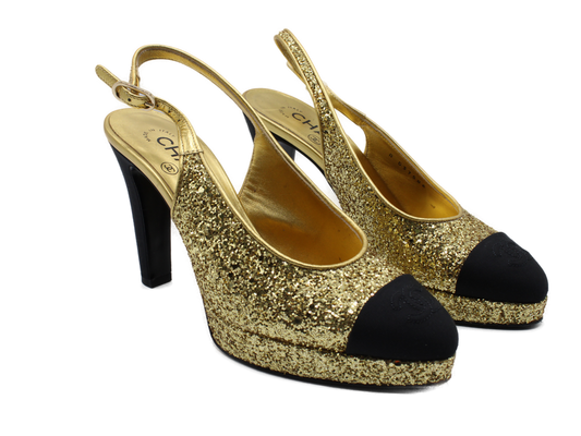 Chanel Gold Glitter 2021 Slingback Pumps Heels side