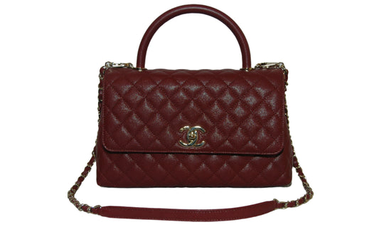 Chanel Burgundy Red Calfskin Gold Large Coco Top Handle Bag front