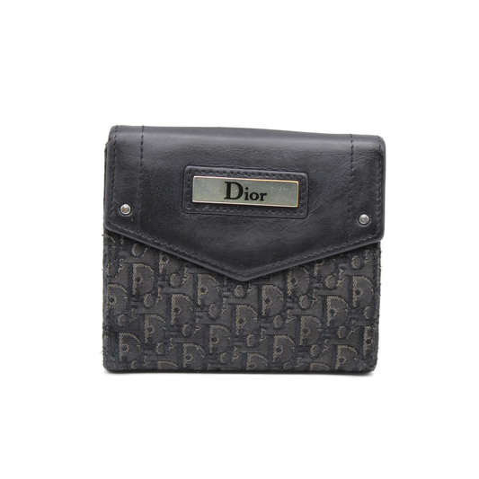 Christian Dior Black Leather Canvas Trotter Pattern Wallet front 