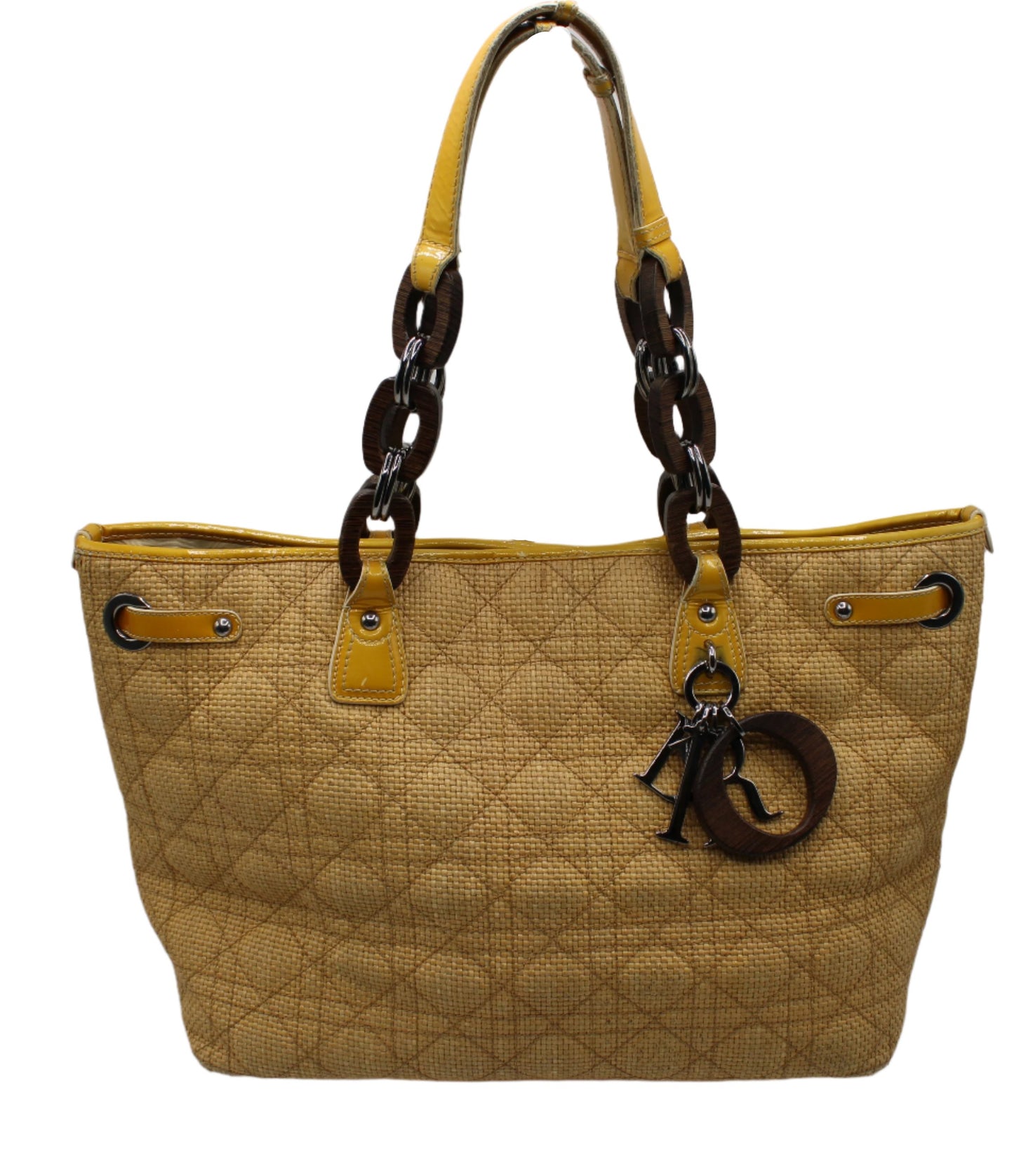 Christian Dior Beige Straw Panarea Tote Leather Trim Wooden Charm