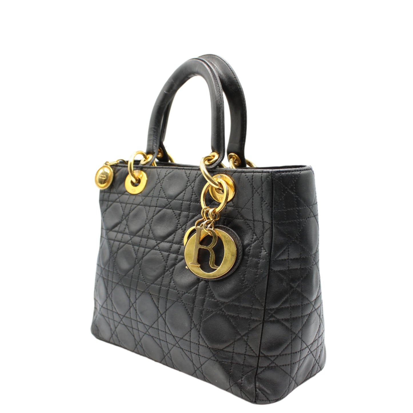 Christian Dior Black Cannage Quilted Lambskin Medium Lady Dior Bag side view