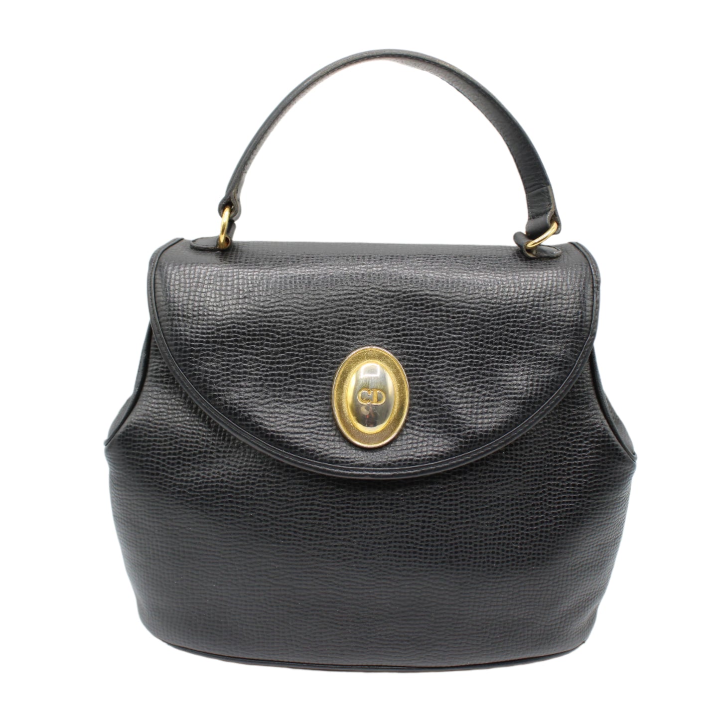 Christian Dior Black Grained Leather 1990s Oval Logo Top Handle Bag Black handbag with a gold clasp on a white background