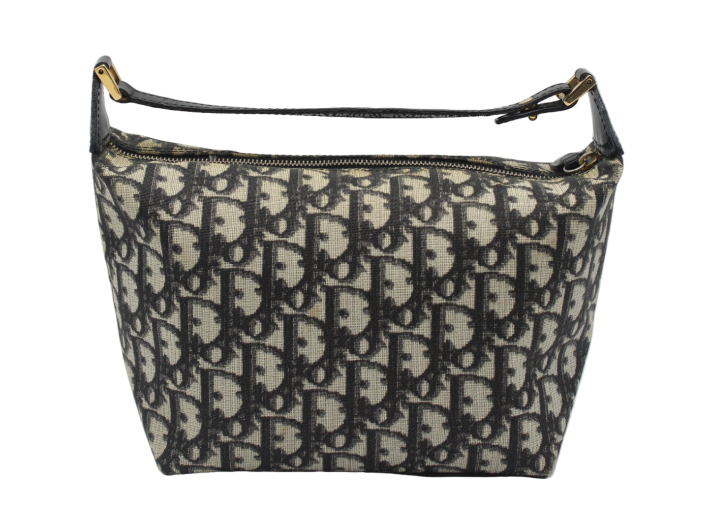 Christian Dior Black Trotter Canvas Patent Leather Handle Handbag Designer handbag with monogram pattern on a light gray background
