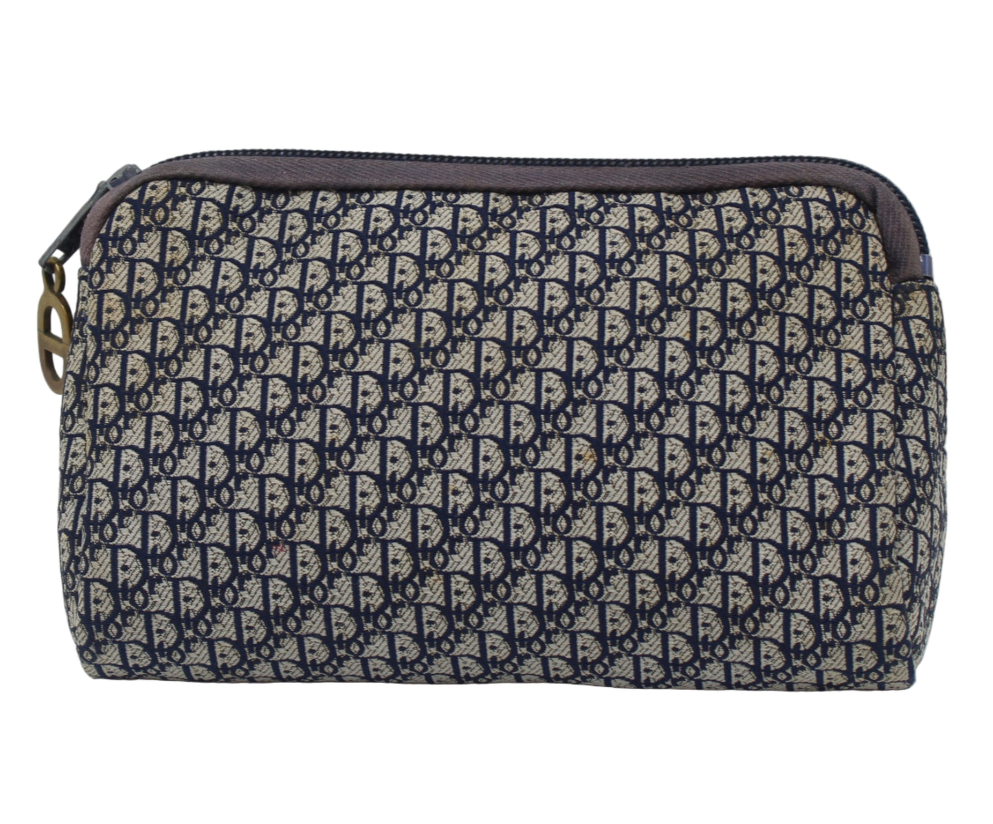 Christian Dior Blue Trotter Oblique Canvas Leather Trim Pouch Fabric pouch with a pattern on a white background