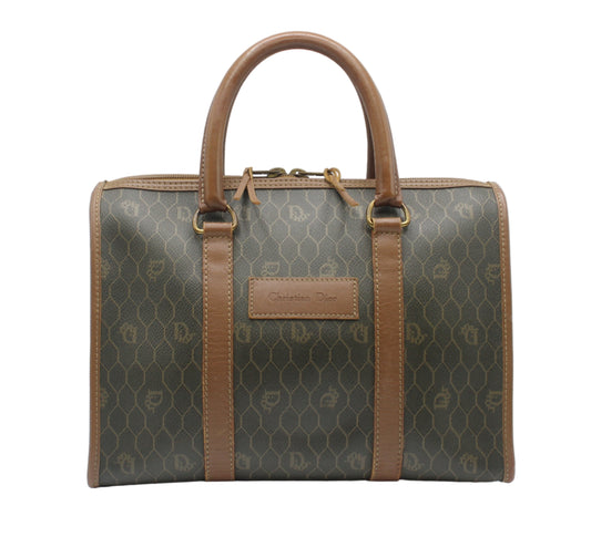 Christian Dior Brown Honeycomb Canvas Leather Boston Bag Brown and beige patterned handbag on a white background