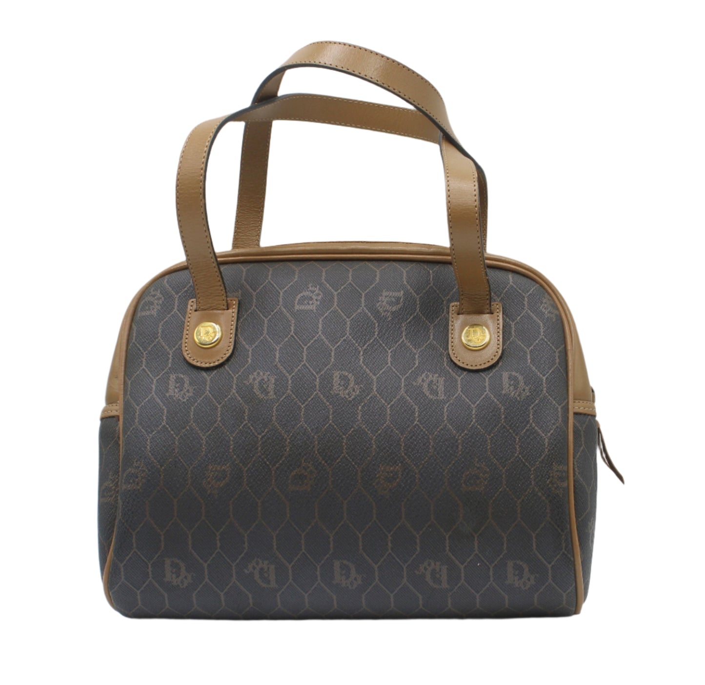Christian Dior Brown Honeycomb Mini Boston Handbag Leather Trim Handbag with brown handles and trim on a white background