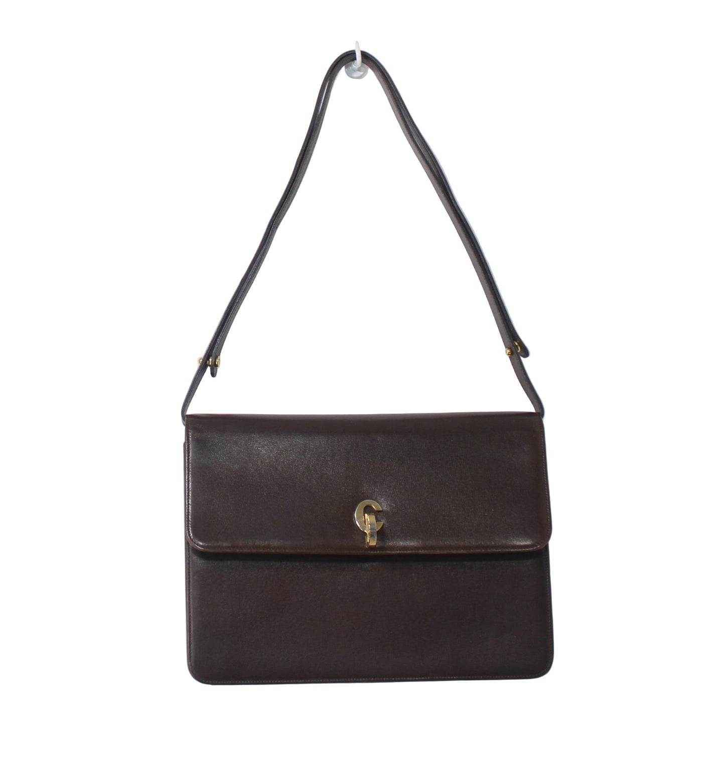 Christian Dior Brown Leather Flap Shoulder Bag With Gold Clasp Closure Brown leather handbag with a gold clasp on a light gray background