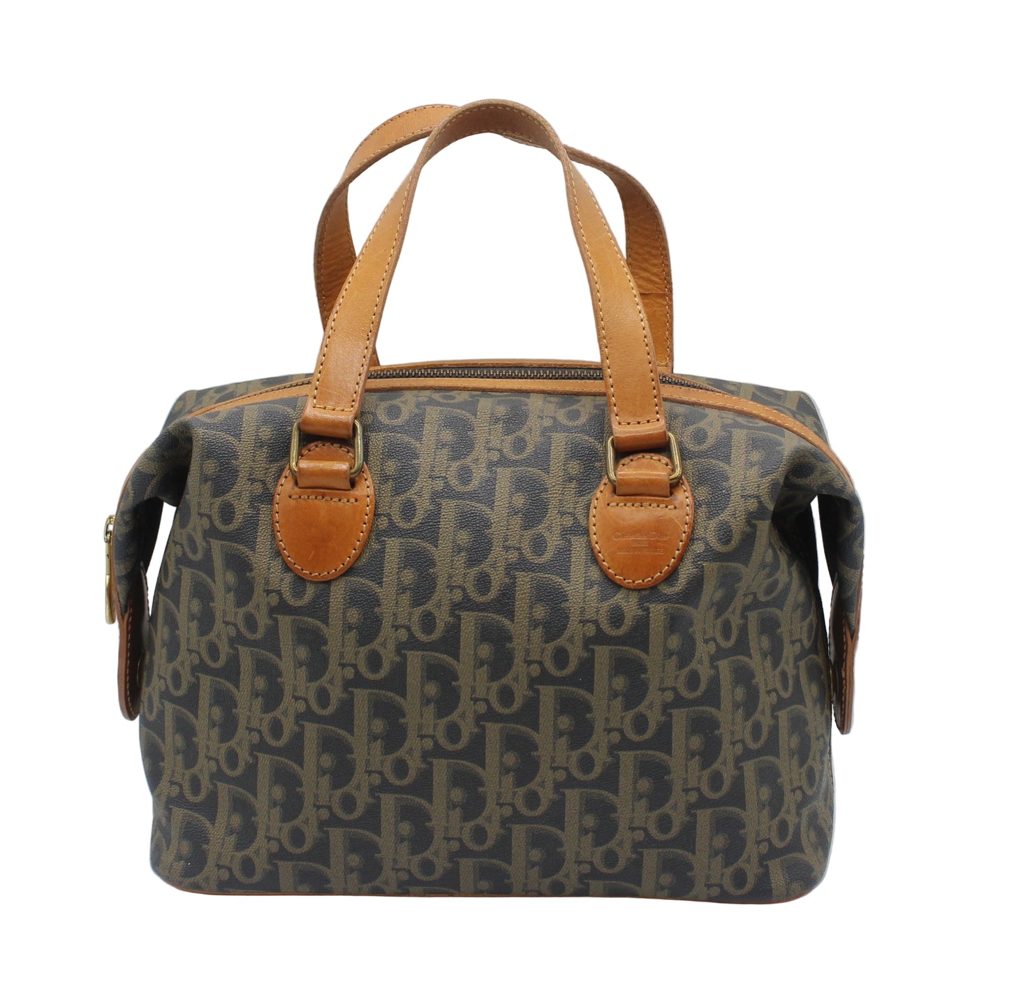 Christian Dior Brown Oblique Coated Canvas Boston Bag Patterned handbag with brown leather straps on a white background