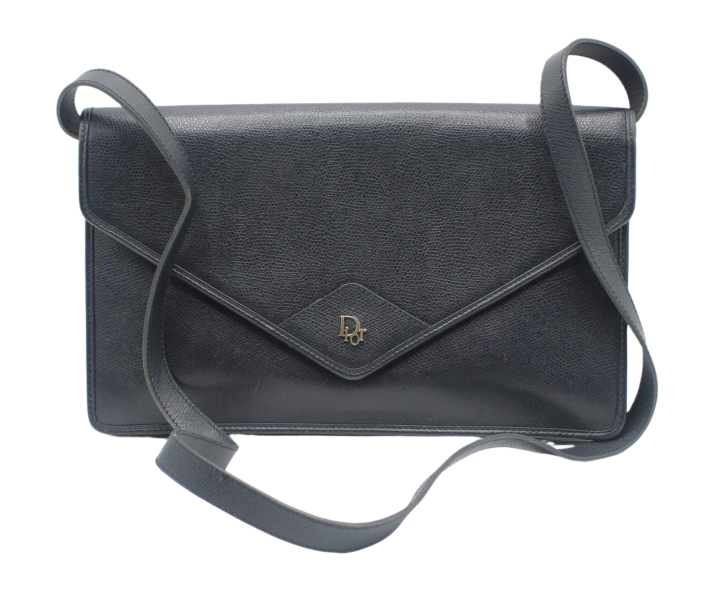 Christian Dior Dark Navy Leather Envelope Crossbody Bag Black leather handbag with a strap on a white background