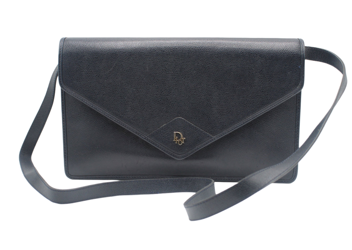 Christian Dior Dark Navy Leather Envelope Crossbody Bag 2 Black handbag with a strap on a white background