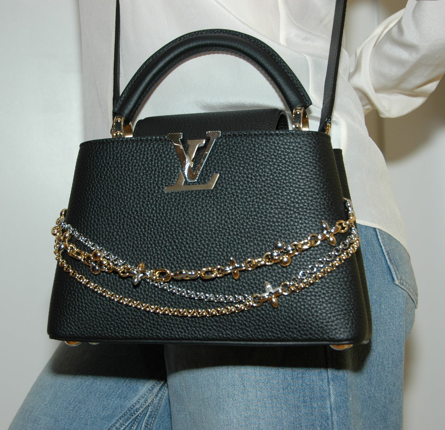 Louis Vuitton Black Taurillon Leather Capucines MM Chain On You Bag