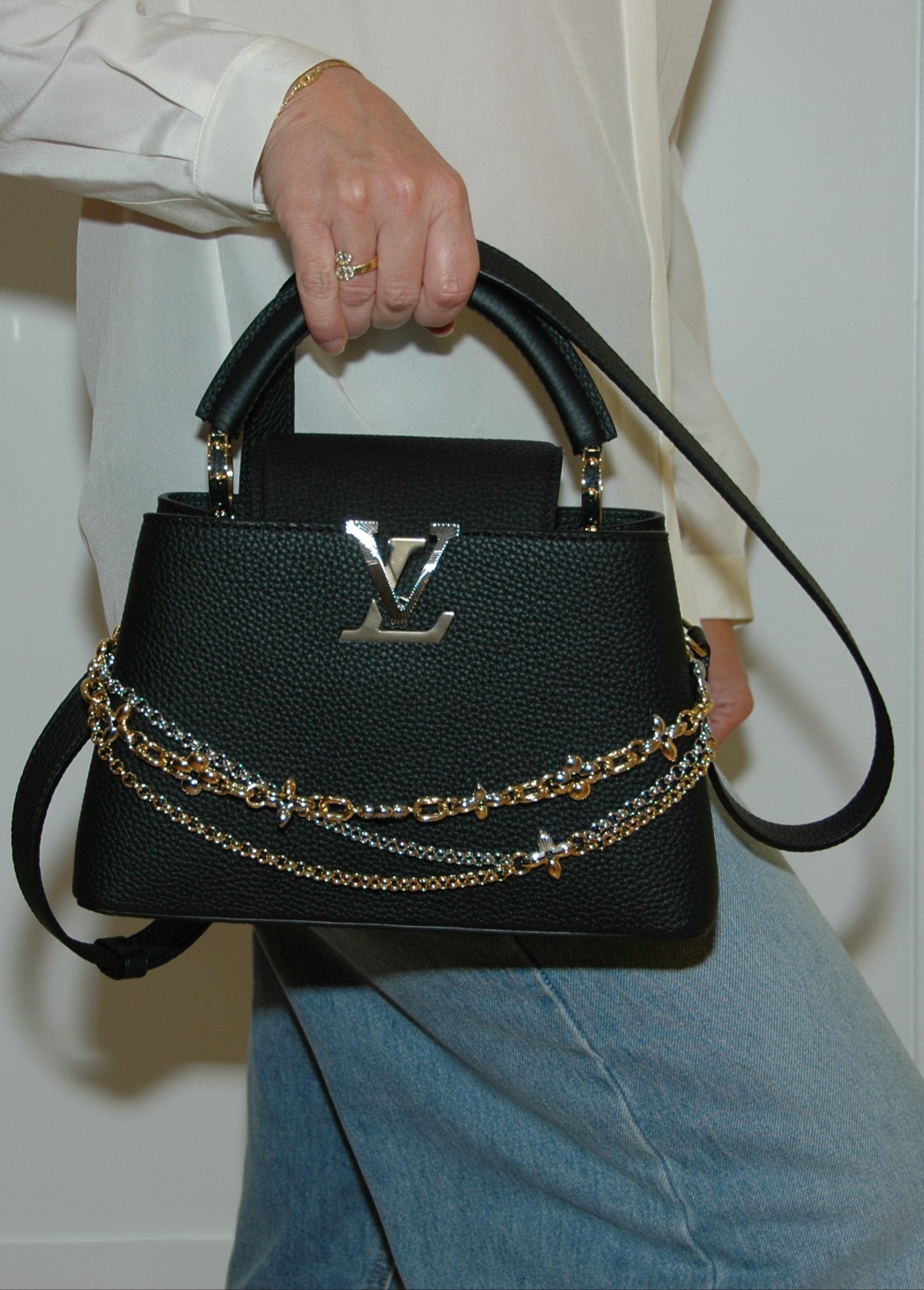 Louis Vuitton Black Taurillon Leather Capucines MM Chain On You Bag