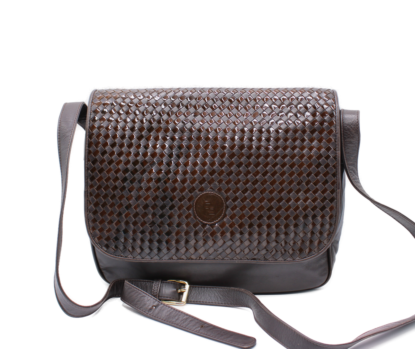 Fendi Brown Woven Leather Flap Crossbody Bag closeup