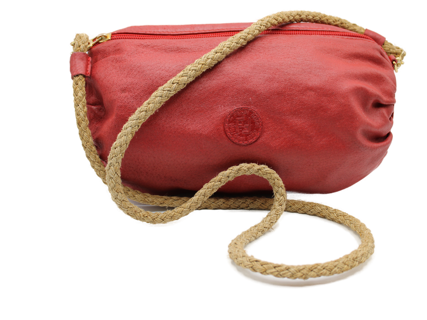 Fendi FF Logo Red Leather Crossbody Straw Strap Bag front view