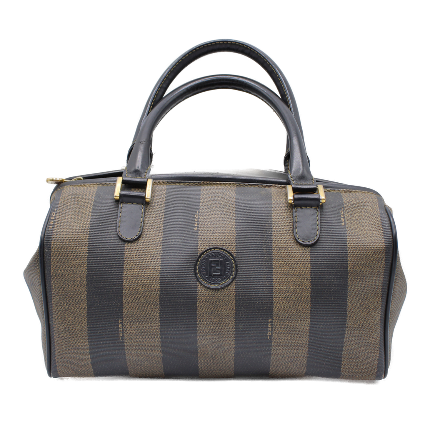 Fendi Tobacco Pequin Striped Coated Canvas Boston Bag