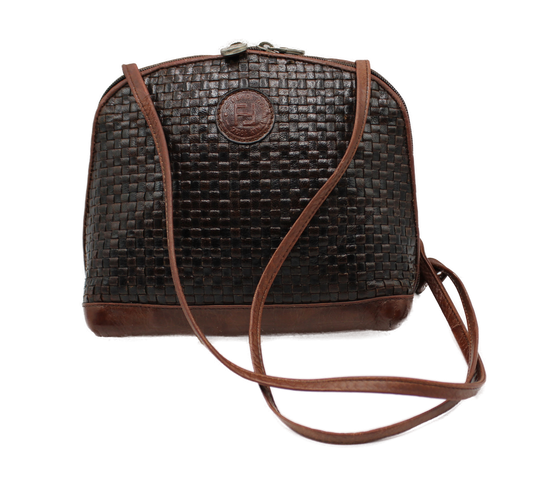 Fendi Woven Leather Crossbody Bag Brown Handbags Vintage front view