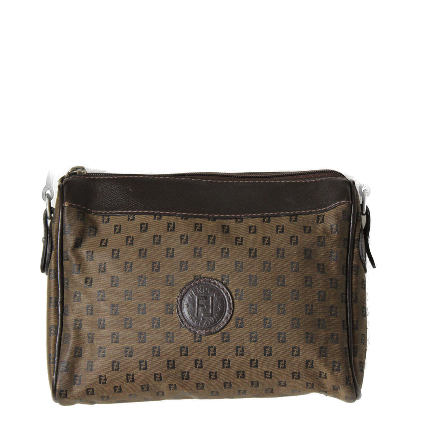 Fendi Zucca FF Canvas Brown Leather Trim Crossbody Bag