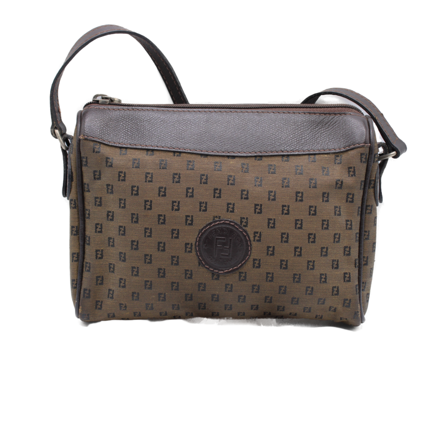 Fendi Zucca FF Canvas Brown Leather Trim Crossbody Bag