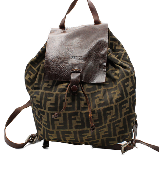 Fendi Zucca Pattern Brown Leather and Canvas Backpack