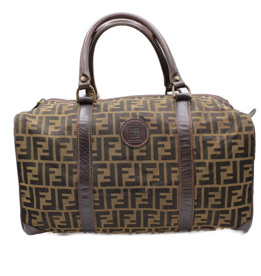 Fendi Zucca Pattern Brown Leather and Canvas Boston Bag Vintage