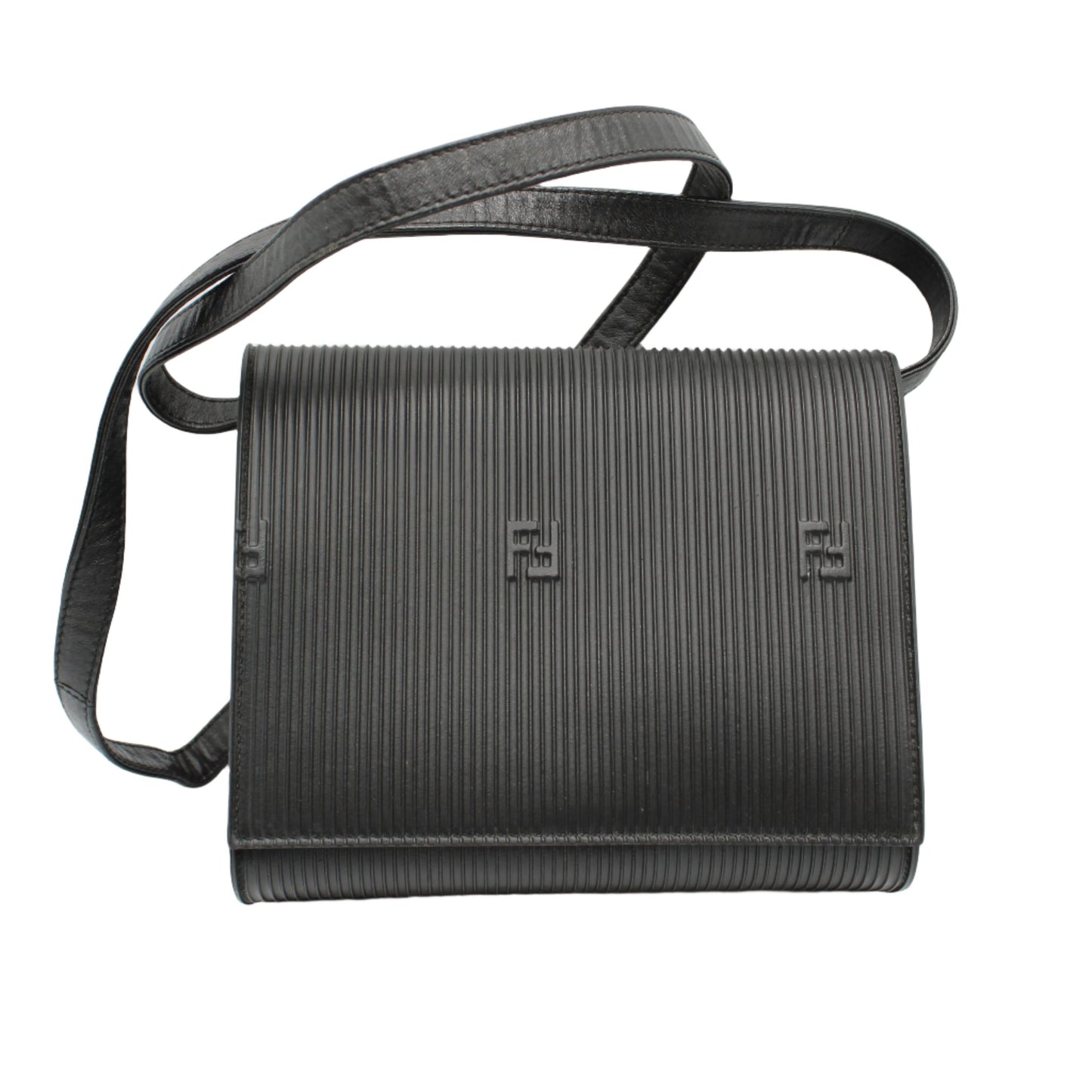 Fendi Black Leather Flap Embossed Logo Crossbody Bag