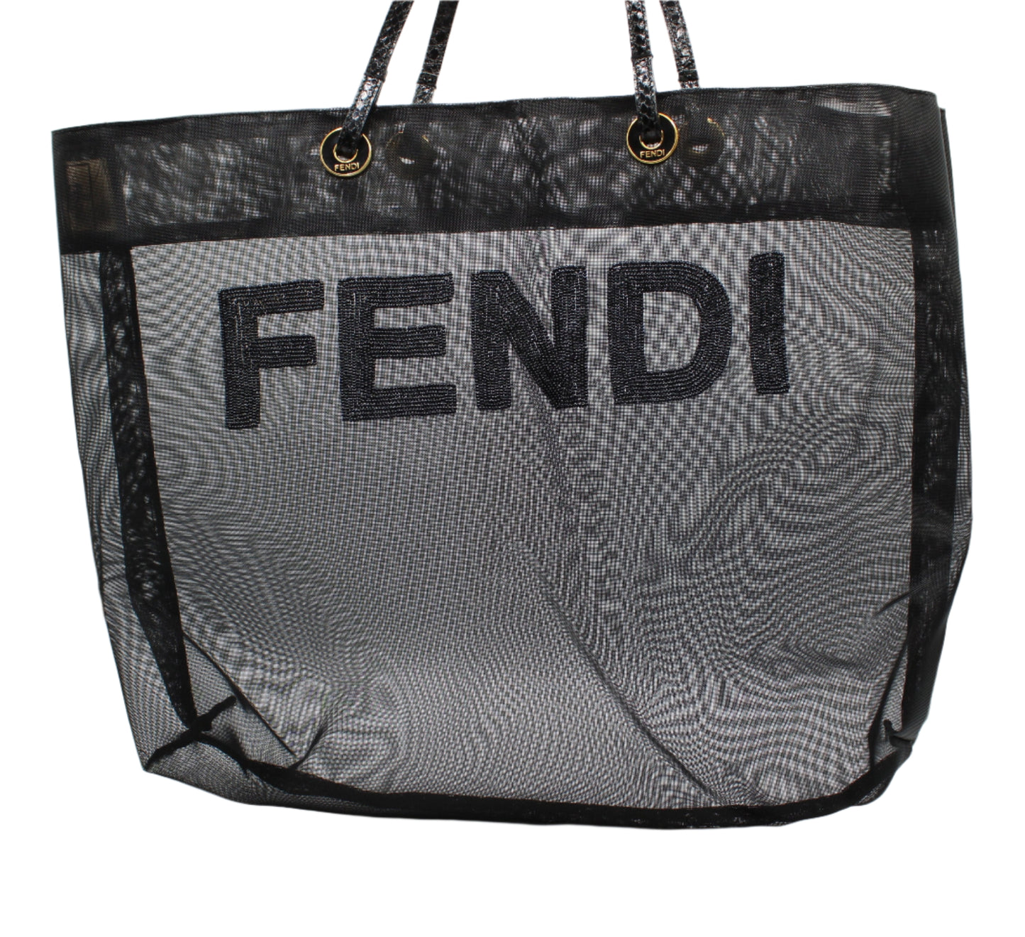 Fendi Black Mesh Tote Bag Beaded Logo Python Handles