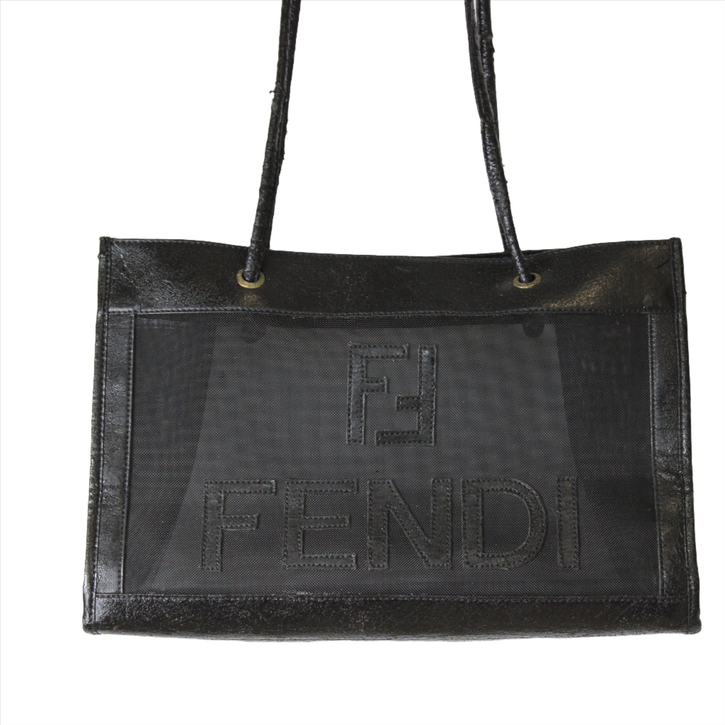 Fendi Black Mesh Tote Bag Leather Trim Open Top