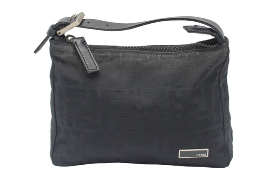 Fendi Black Zucca Canvas Leather Strap Mini Hand Bag Black handbag with a visible brand label on a white background