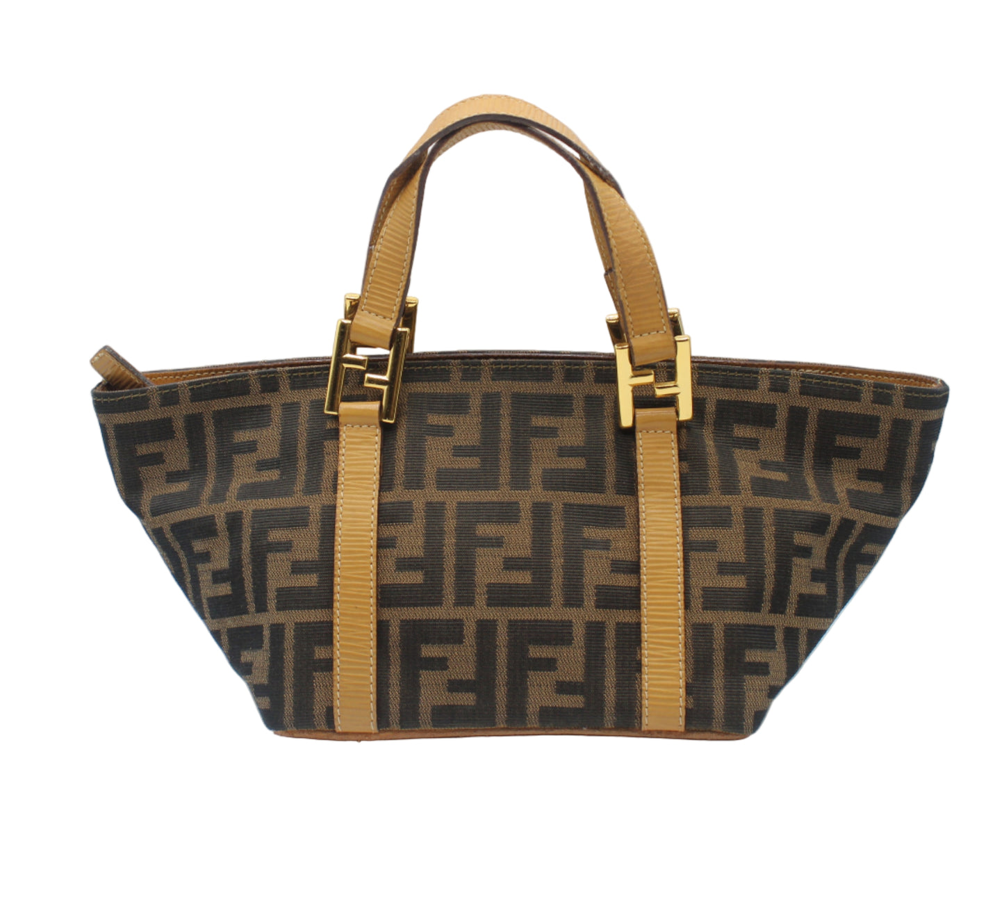 Fendi Brown Zucca Canvas Beige Leather Mini Hand Bag Designer handbag with a distinctive pattern on a light gray background