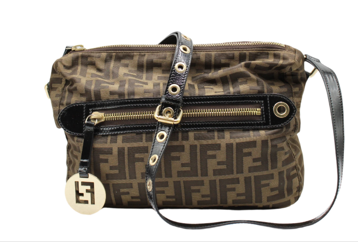 Fendi Brown Zucca Canvas Crossbody Bag Leather Strap