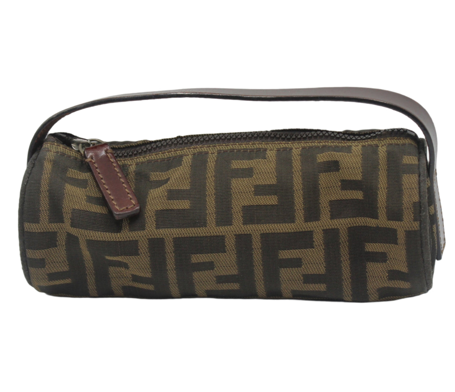 Fendi Brown Zucca Canvas Cylinder Mini Bag Leather Handle #4 Fendi bag with brown and black pattern on a white background