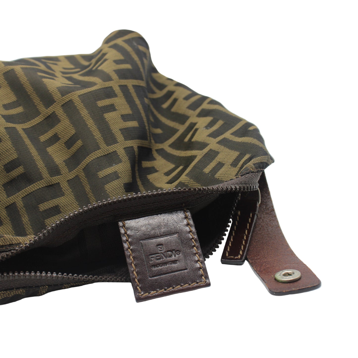 Brown fabric pouch with logo pattern and leather strap on a white background