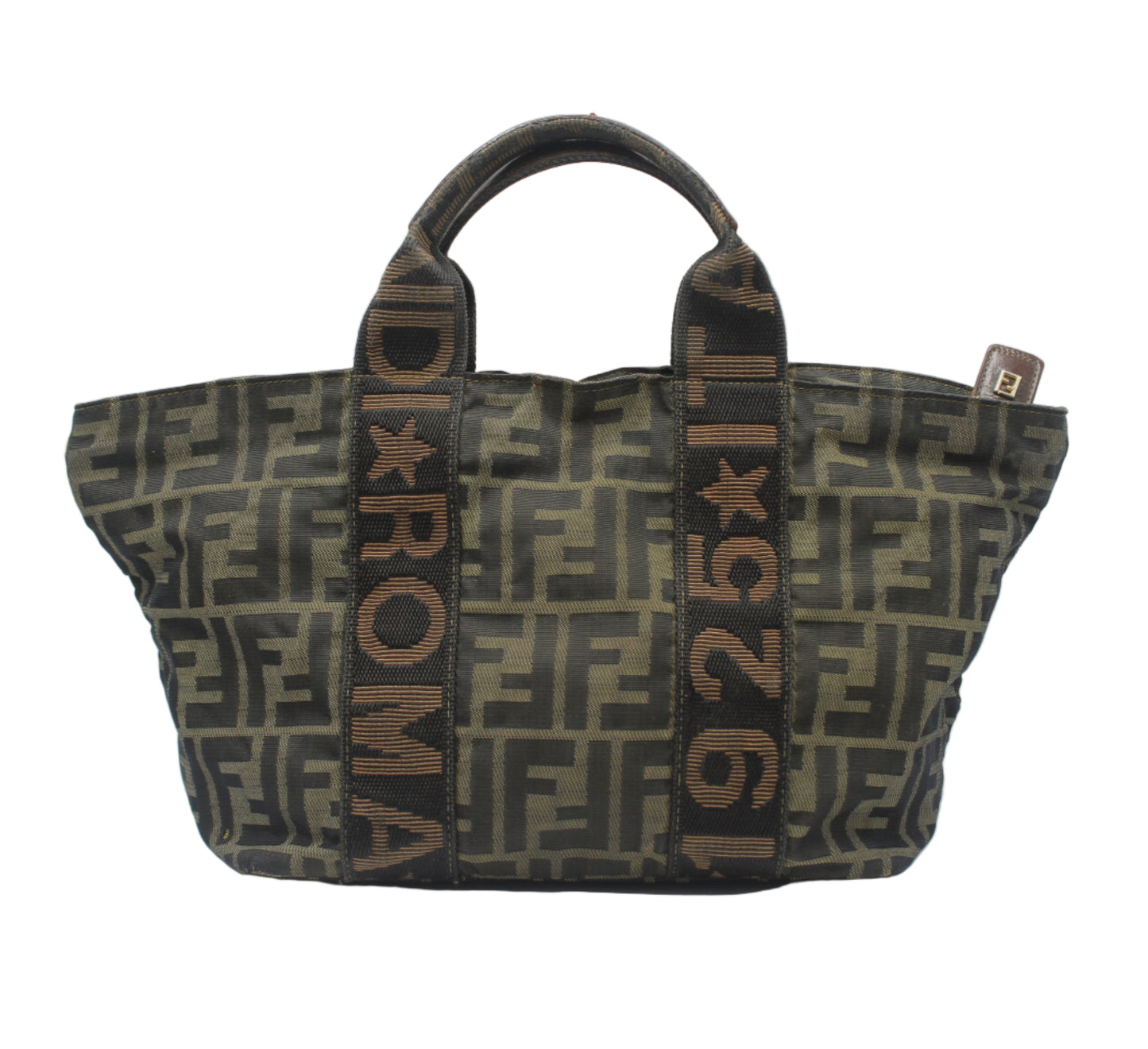 Fendi Brown Zucca Print Canvas Roma Star Handbag Designer handbag with brand logo and text on a white background