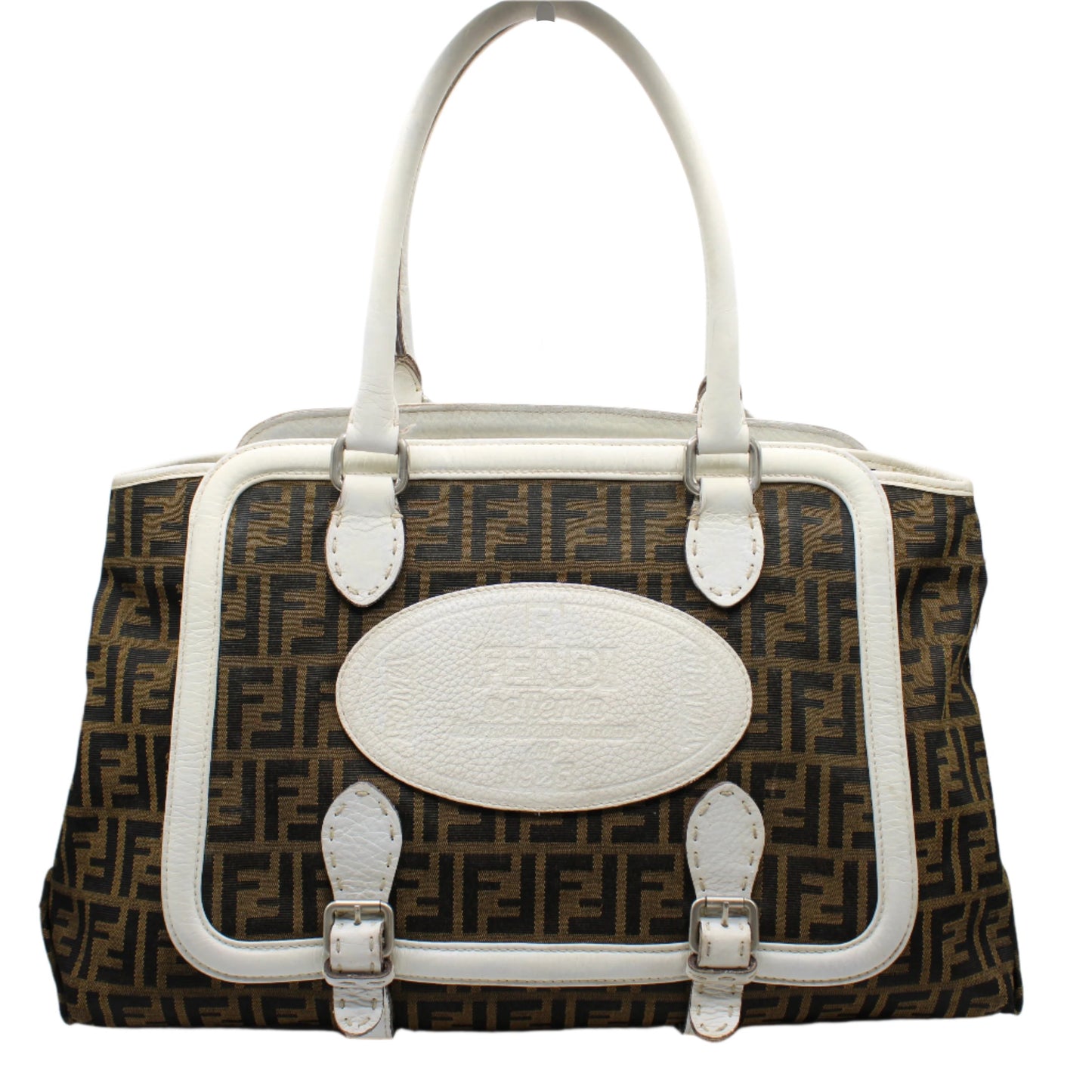 Fendi Brown Zucca Selleria Boston Tote Bag White Leather Trim