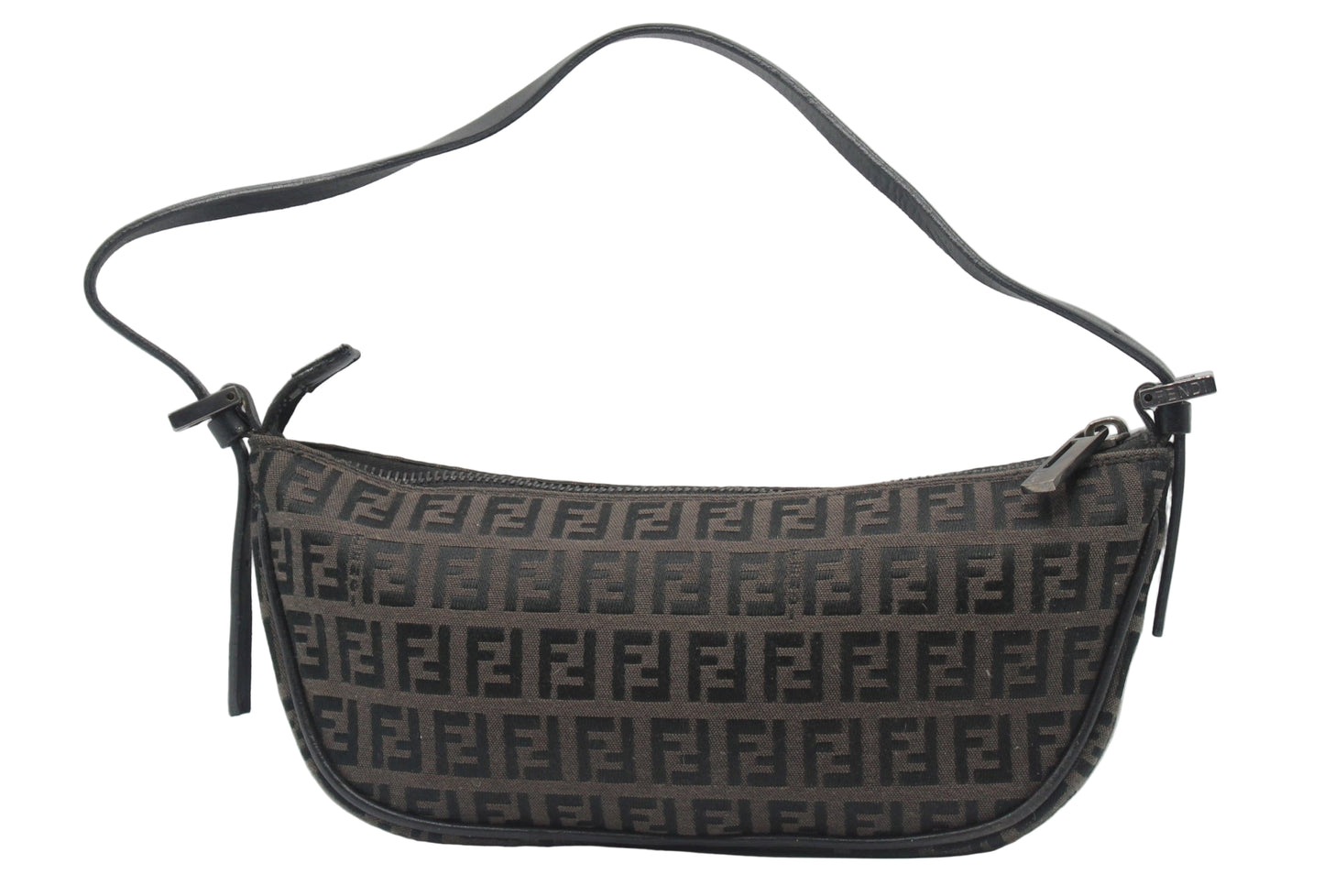 Fendi Brown Zucca Zucchino Canvas Shoulder Bag Small Black handbag with a pattern on a white background