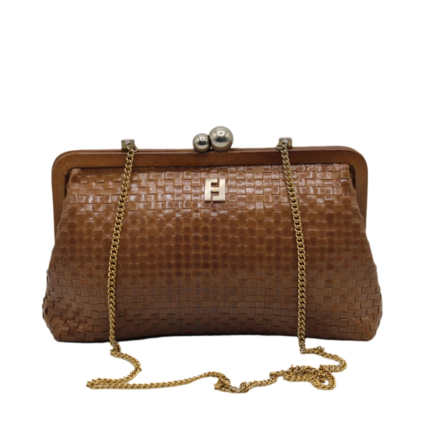 Fendi Camel Brown Woven Leather Crossbody on Chain Bag