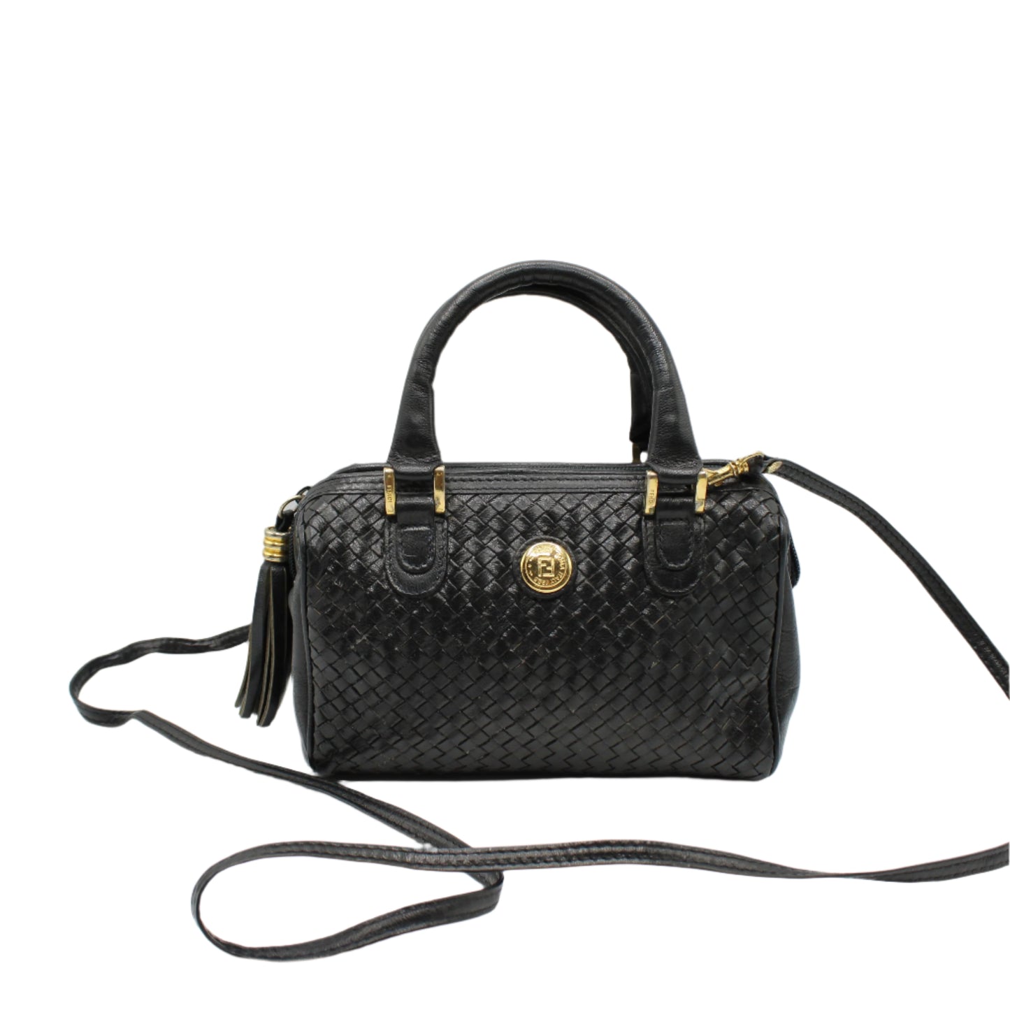Fendi Dark Navy Woven Leather Mini Crossbody Boston Bag