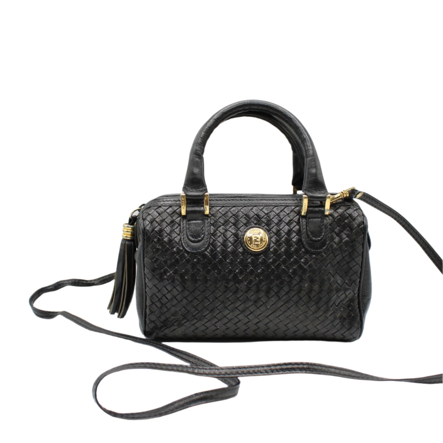 Fendi Dark Navy Woven Leather Mini Crossbody Boston Bag full view gold logo