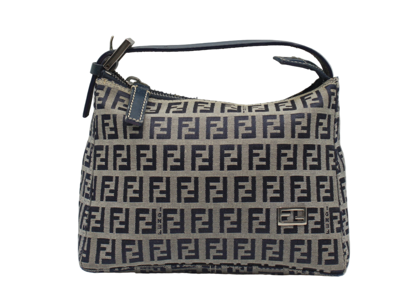 Fendi Navy Zucca Zucchino Canvas Leather Strap Pouch Bag Patterned handbag on a white background