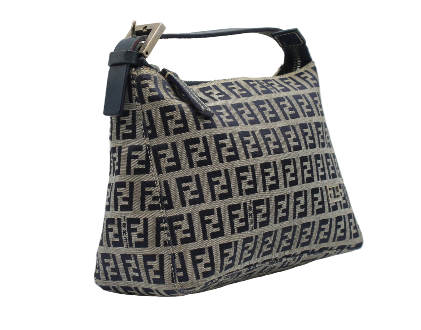 Patterned handbag with a brand logo on a light gray background