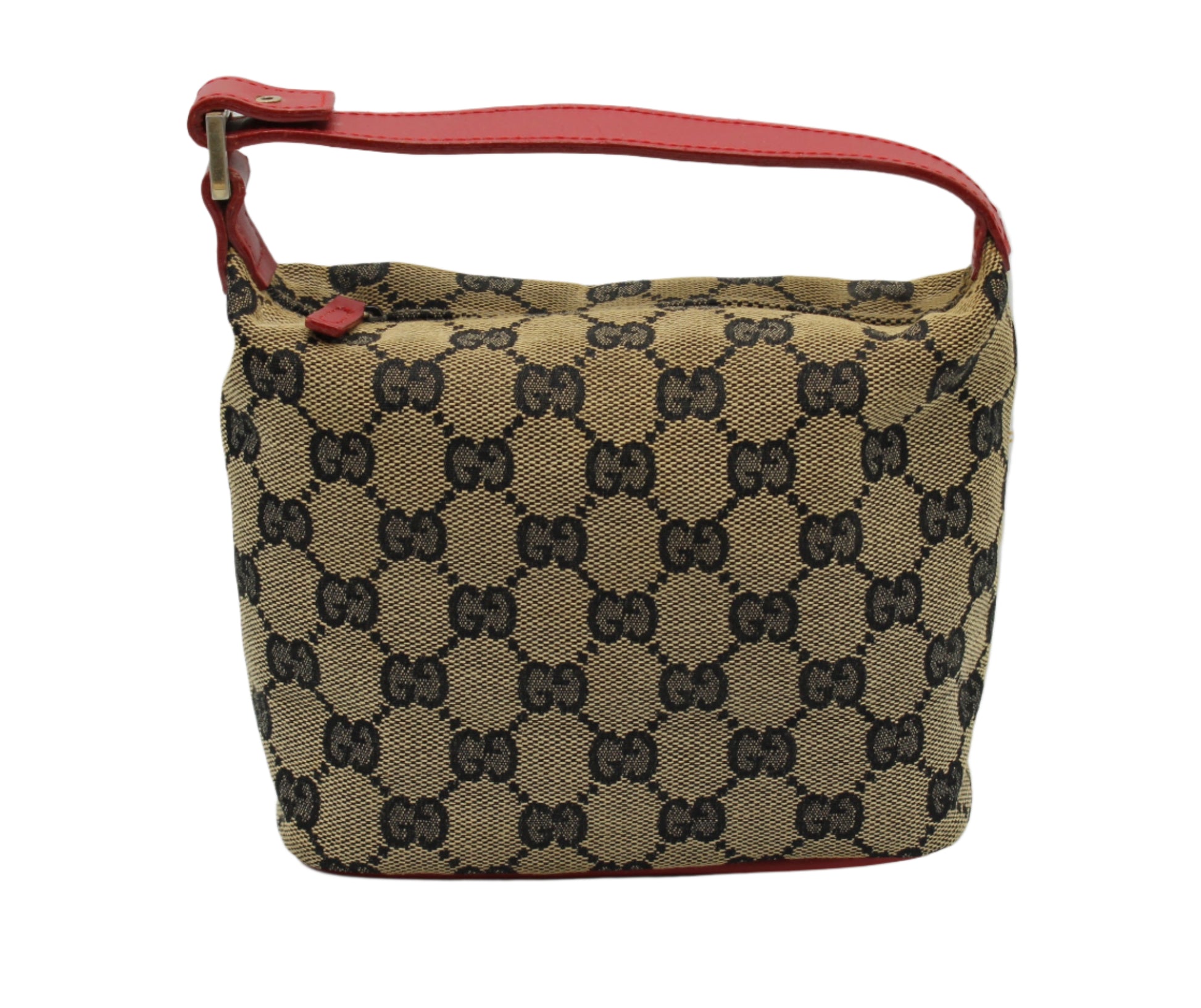 GUCCI Beige GG Canvas Red Leather Mini Pouch Handbag Beige handbag with black pattern and red handle on a white background