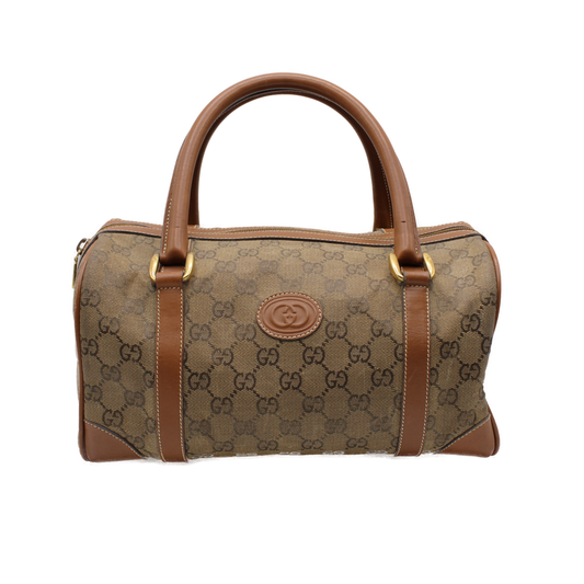 Gucci Ebony GG Canvas Rolled Leather Handles Boston Bag 